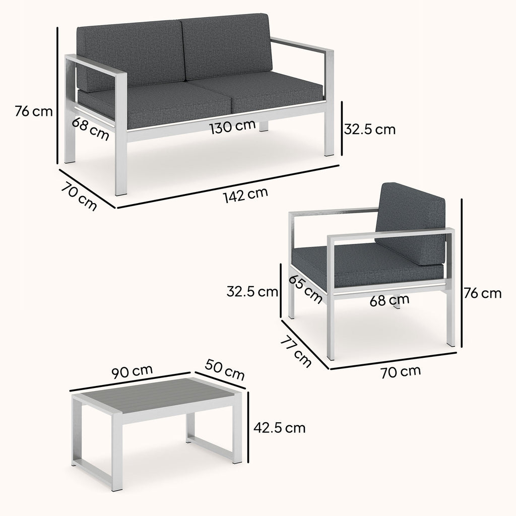 4-Seater Aluminium Sofa Set with Faux Wood Table and Olefin Cushions, Dark Grey