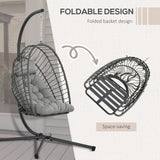 Rattan Hanging Egg Chair with Metal Stand, Foldable Basket & Cushion, Light Grey