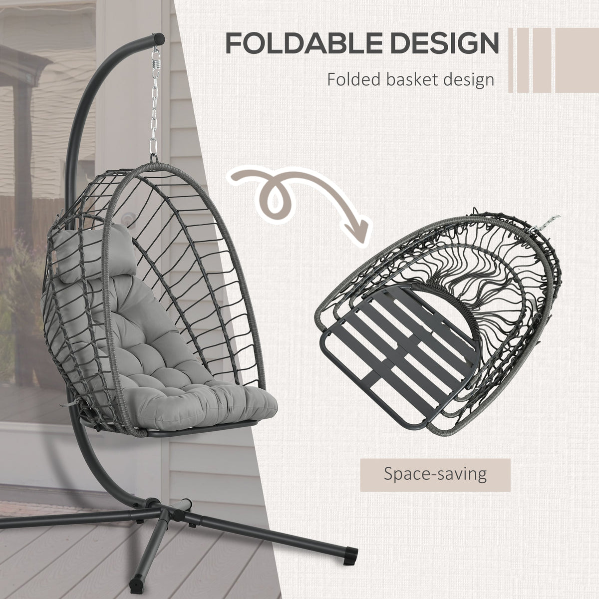 Rattan Hanging Egg Chair with Metal Stand, Foldable Basket & Cushion, Light Grey
