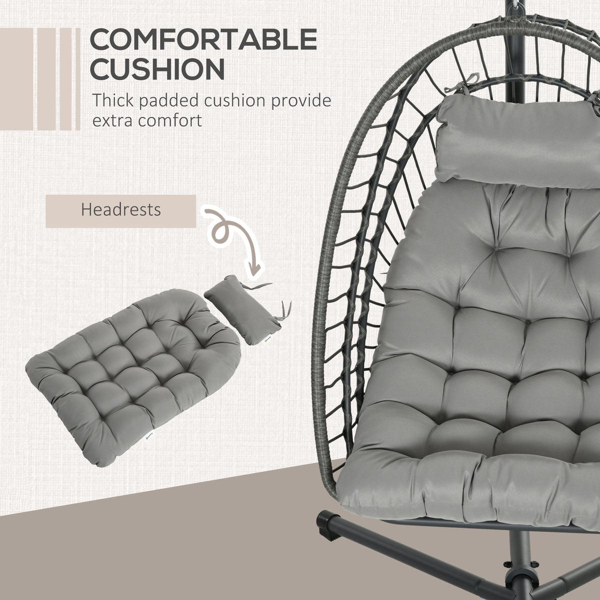 Rattan Hanging Egg Chair with Metal Stand, Foldable Basket & Cushion, Light Grey