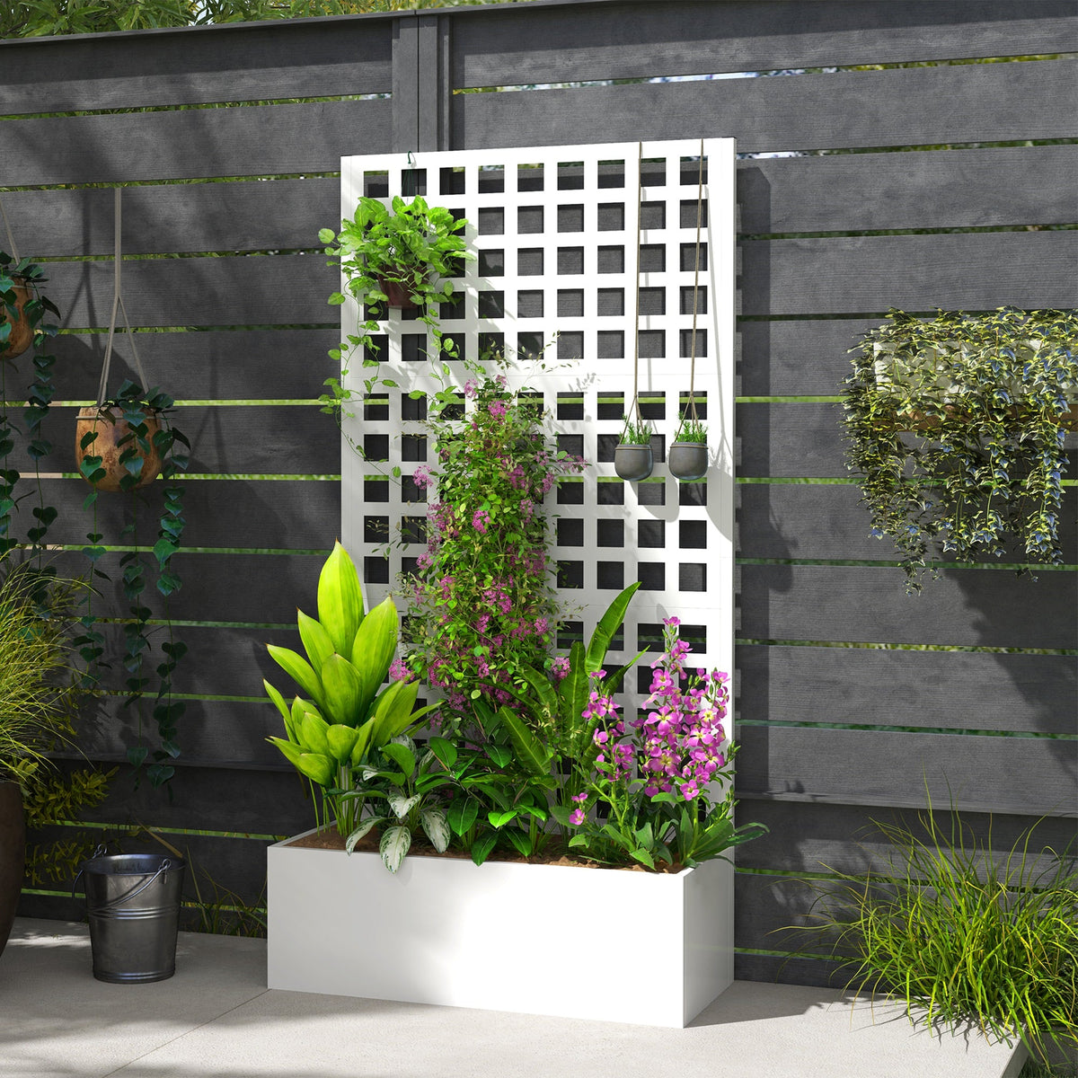 35" x 16" x 70" Raised Garden Bed with Trellis and Privacy Screen, White