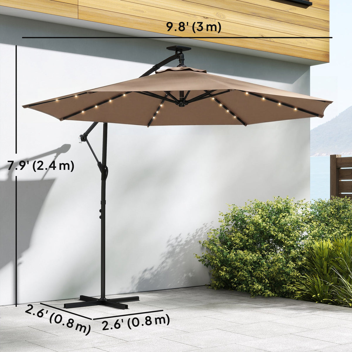 9.7 ft Cantilever Patio Umbrella with Solar LED Light and Cover, Khaki