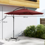 3 m Banana Parasol with Crank Handle, 8 Ribs & Cross Base, Wine Red