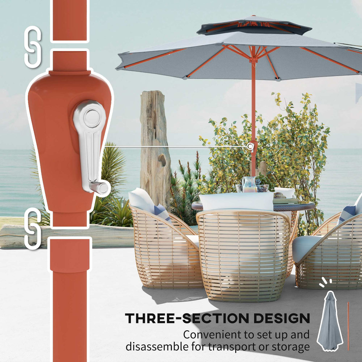 104'' x 104'' Patio Umbrella with Crank and Double Top, Light Grey