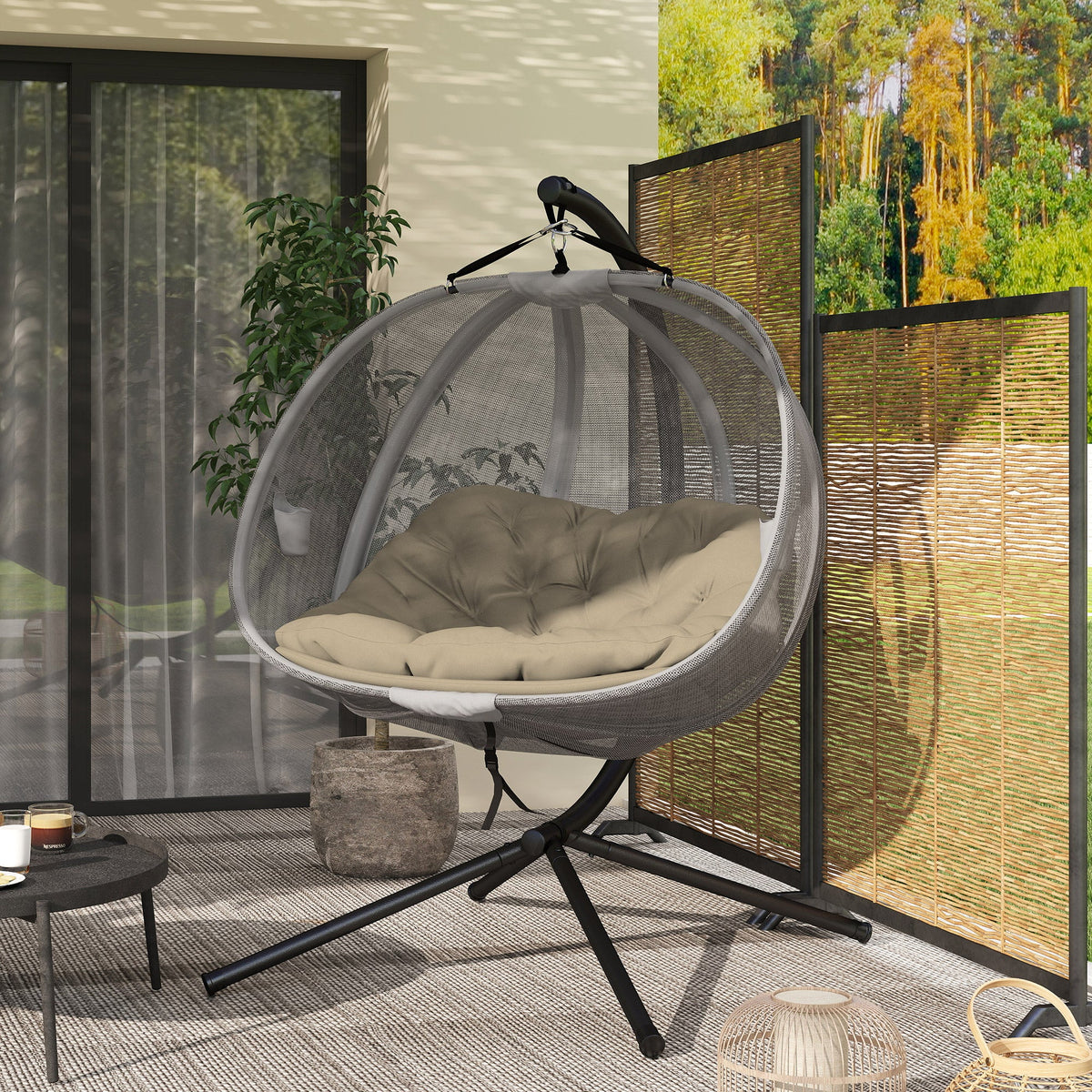 2-Person Double Egg Chair with Stand, 528 lbs Capacity, Cushioned Loveseat, Khaki
