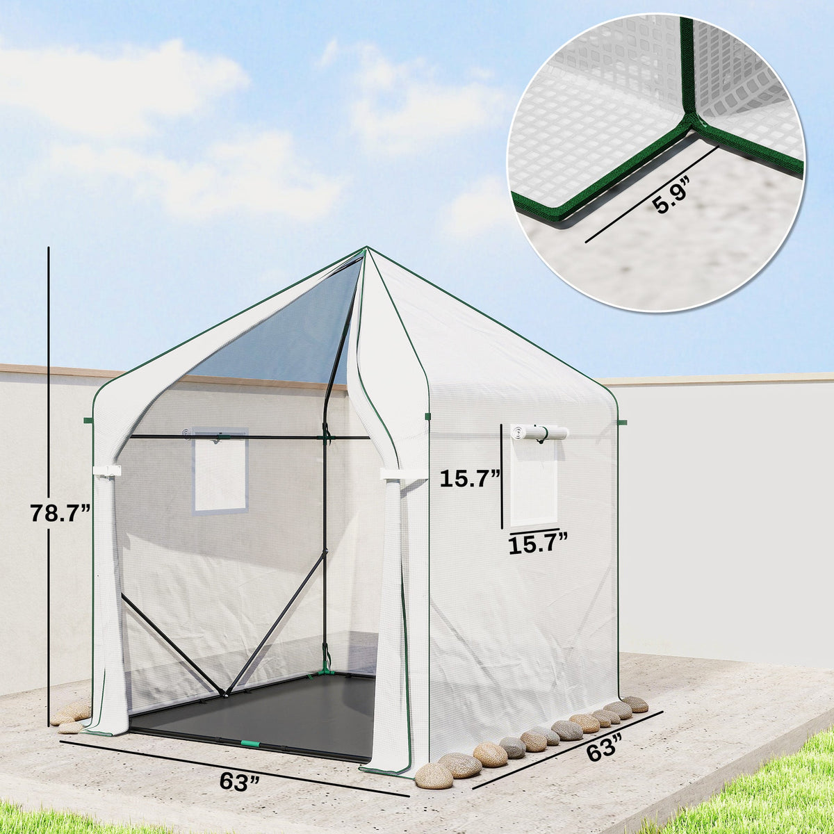 63" x 63" x 78.7" Mini Walk-in Greenhouse with PE Cover, Roll-up Door & 3 Mesh Windows, White