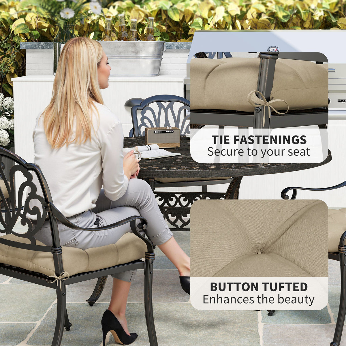 4-Piece Patio Chair Cushions Set with Ties, 19" x 19" x 4"