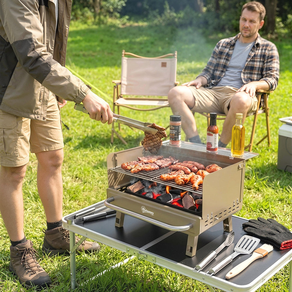 Portable Charcoal BBQ Grill with Adjustable Grates and Side Shelf, Khaki