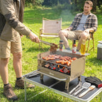 Portable Charcoal BBQ Grill with Adjustable Grates and Side Shelf, Khaki