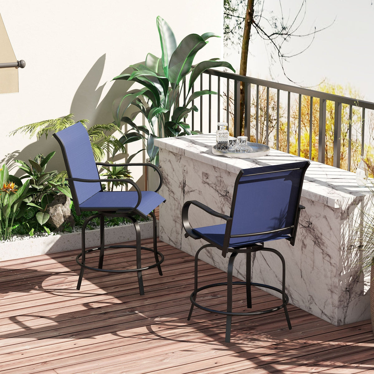 2-Piece Swivel Outdoor Bar Stools with Armrests, Navy Blue