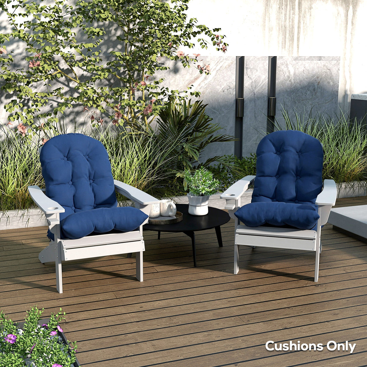 Tufted High-Back Adirondack Cushions Set of 2, Navy, with Ties & Non-Slip