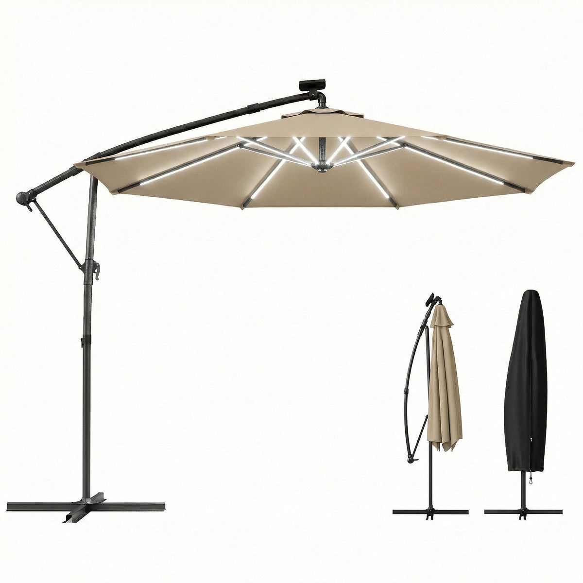3 m Cantilever Parasol with Solar LED Light, Cover & 360° Rotation, Khaki