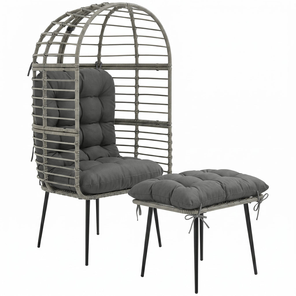 Standing PE Rattan Egg Chair with Footstool and Thick Cushions, Light Grey
