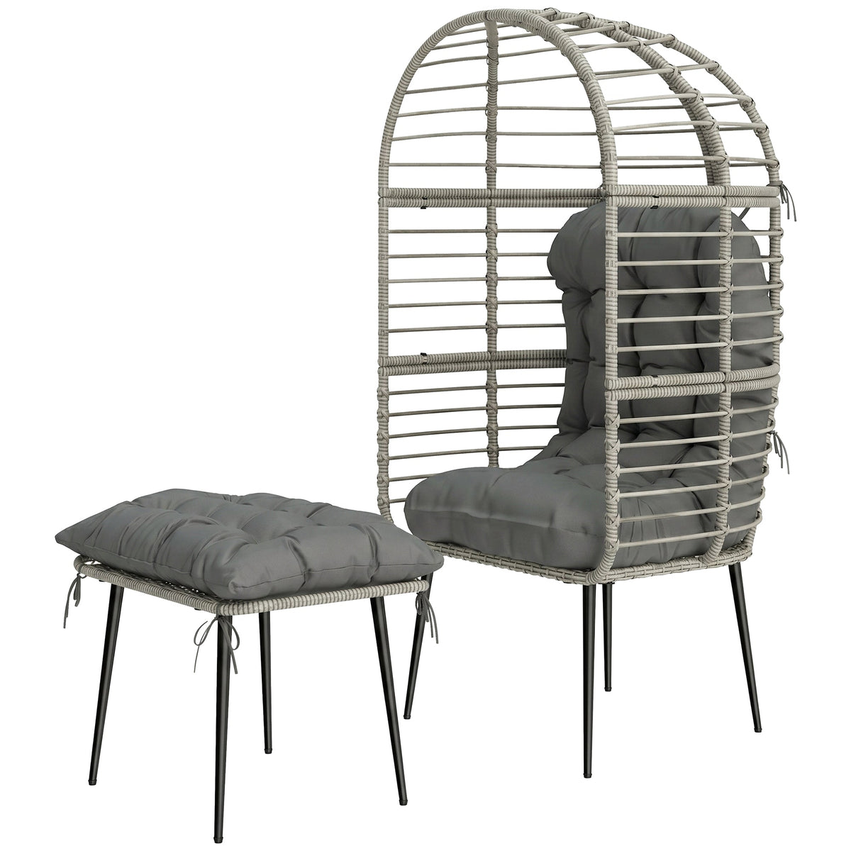 Standing PE Rattan Egg Chair with Footstool and Thick Cushions, Light Grey