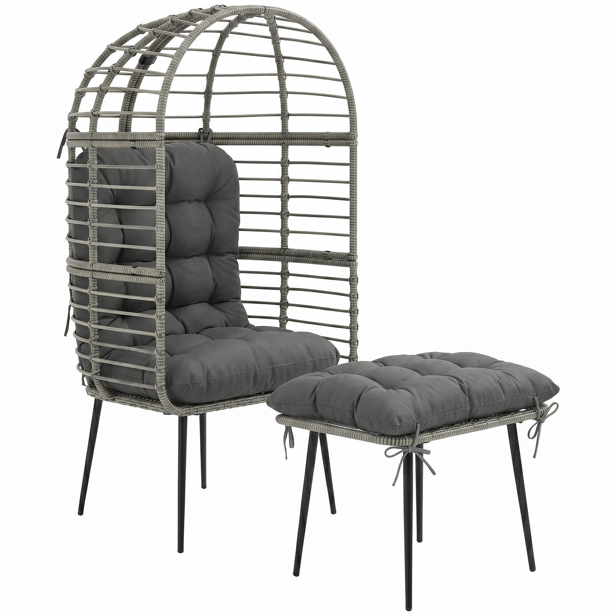 Standing PE Rattan Egg Chair with Footstool and Thick Cushions, Light Grey