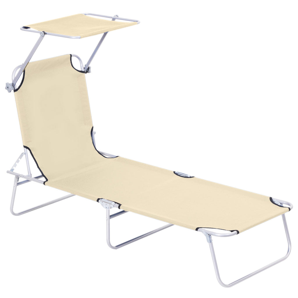 Adjustable Folding Lounge Chair with Sun Shade, Beige