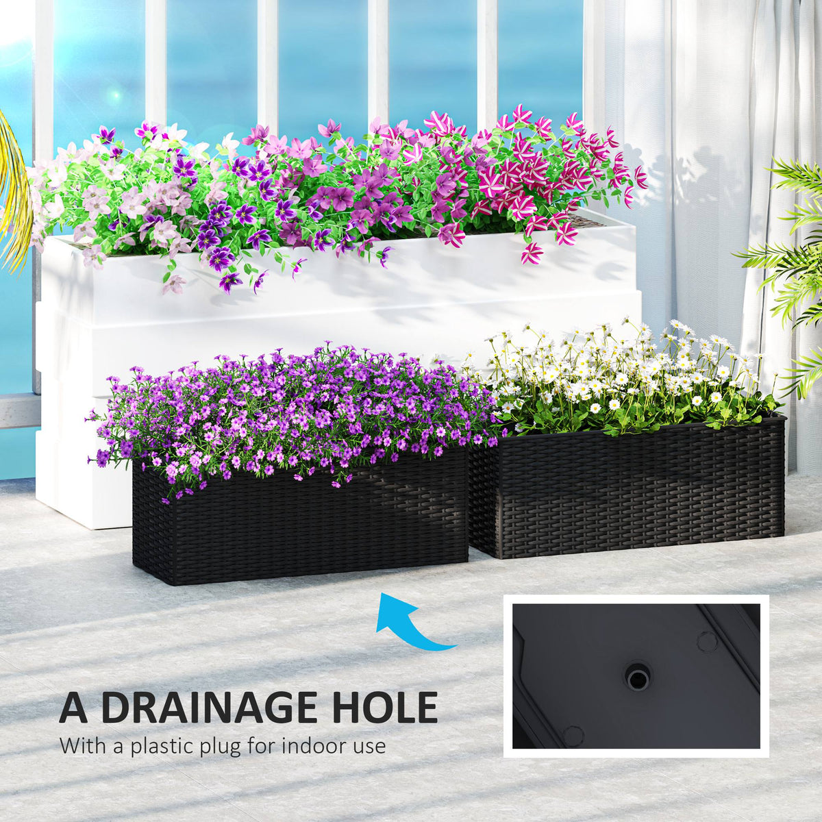 2 Pack 20" Railing Planter Boxes with Hooks and Drainage, Black