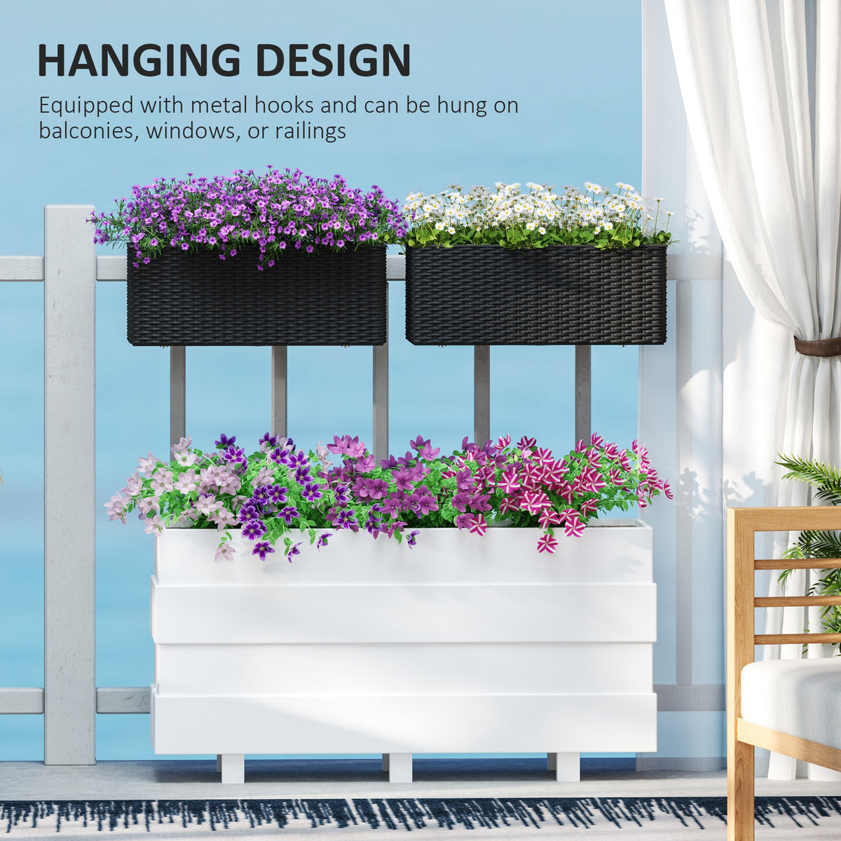 2 Pack 20" Railing Planter Boxes with Hooks and Drainage, Black