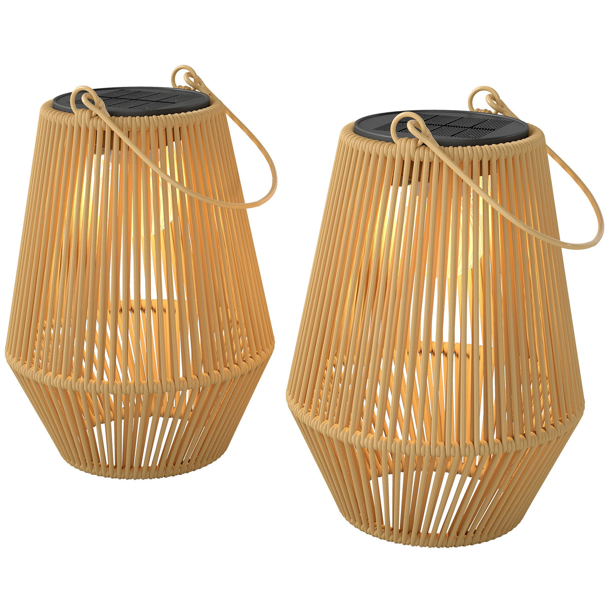 2 Pack Hanging Solar Rattan Lanterns with Auto On/Off, Brown