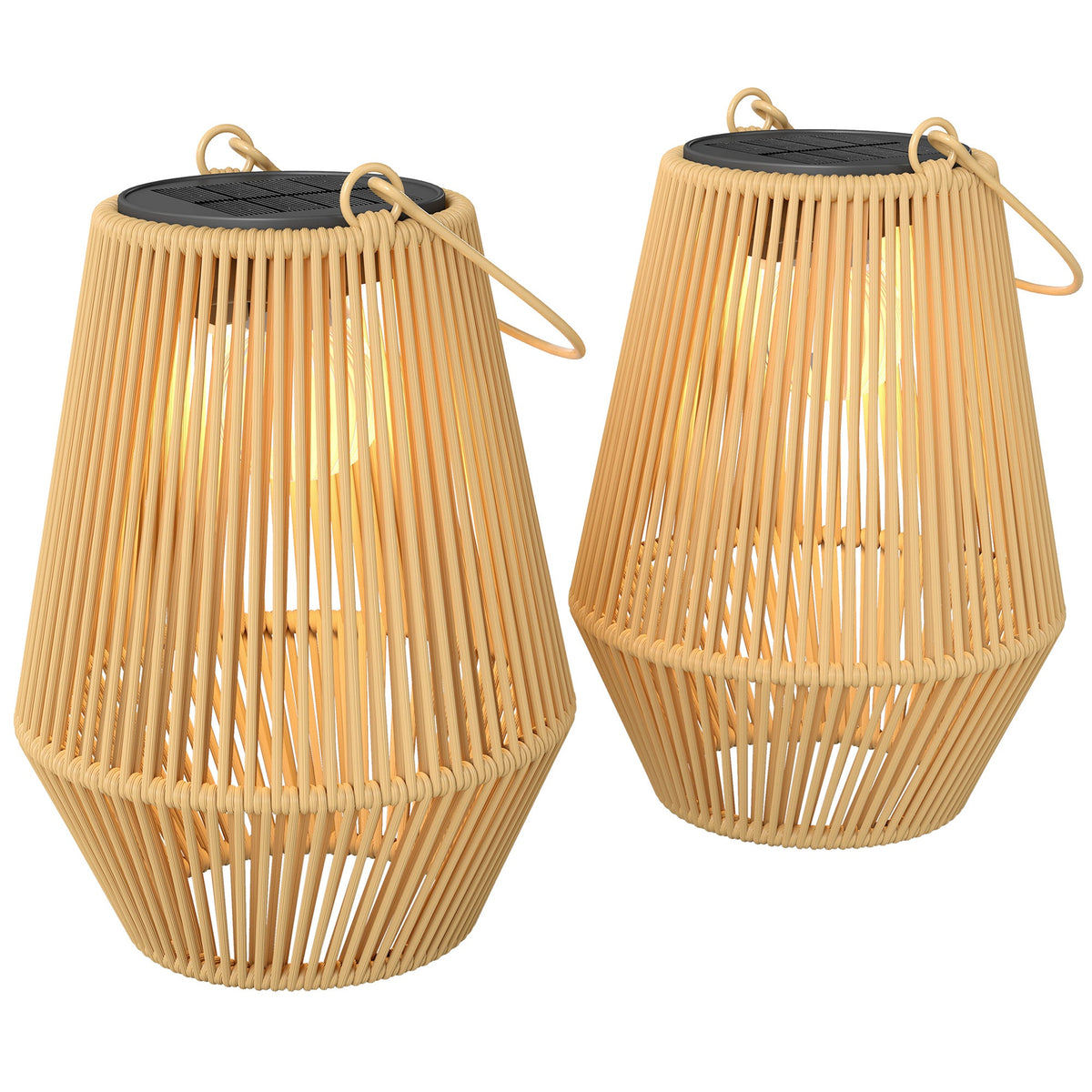 2 Pack Hanging Solar Rattan Lanterns with Auto On/Off, Brown