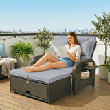 Rattan Patio Daybed with Storage Ottoman and Adjustable Backrest, Gray
