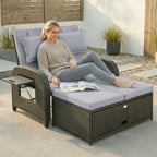 Rattan Patio Daybed with Storage Ottoman and Adjustable Backrest, Gray