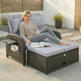 Rattan Patio Daybed with Storage Ottoman and Adjustable Backrest, Gray
