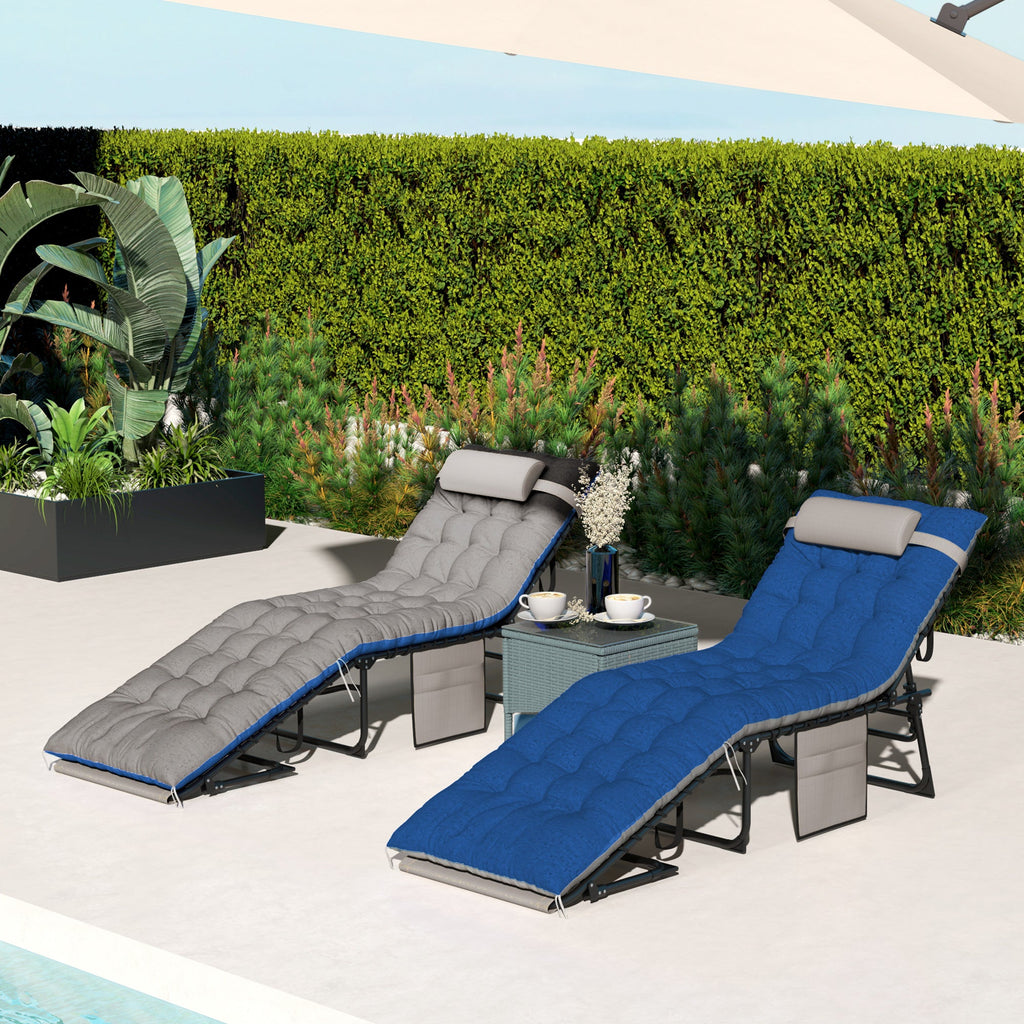 Set of 2 Folding Lounge Chairs with Cushion and Side Pocket, Brown/Blue