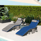 Set of 2 Folding Lounge Chairs with Cushion and Side Pocket, Brown/Blue