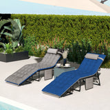 Set of 2 Folding Lounge Chairs with Cushion and Side Pocket, Brown/Blue