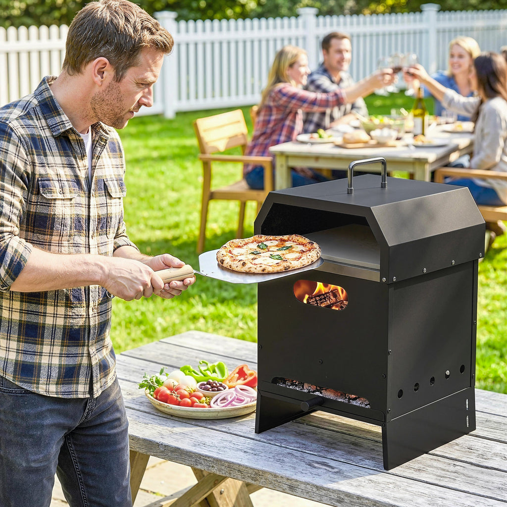3-in-1 Wood-Fired Pizza Oven with Stone & Peel for Charcoal Grill, Black