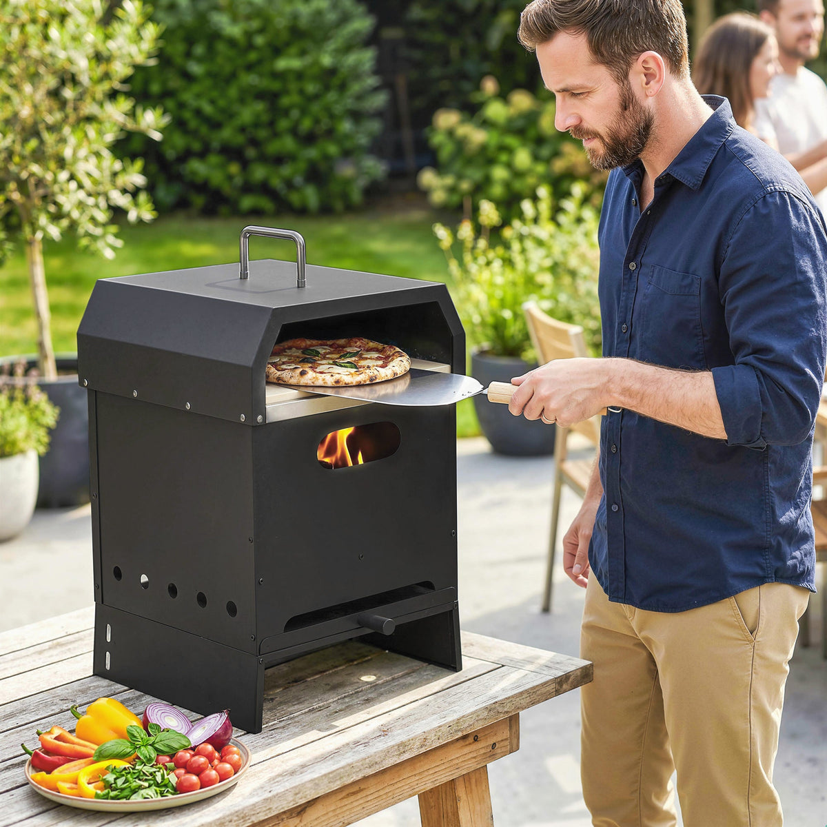 3-in-1 Wood-Fired Pizza Oven with Stone & Peel for Charcoal Grill, Black