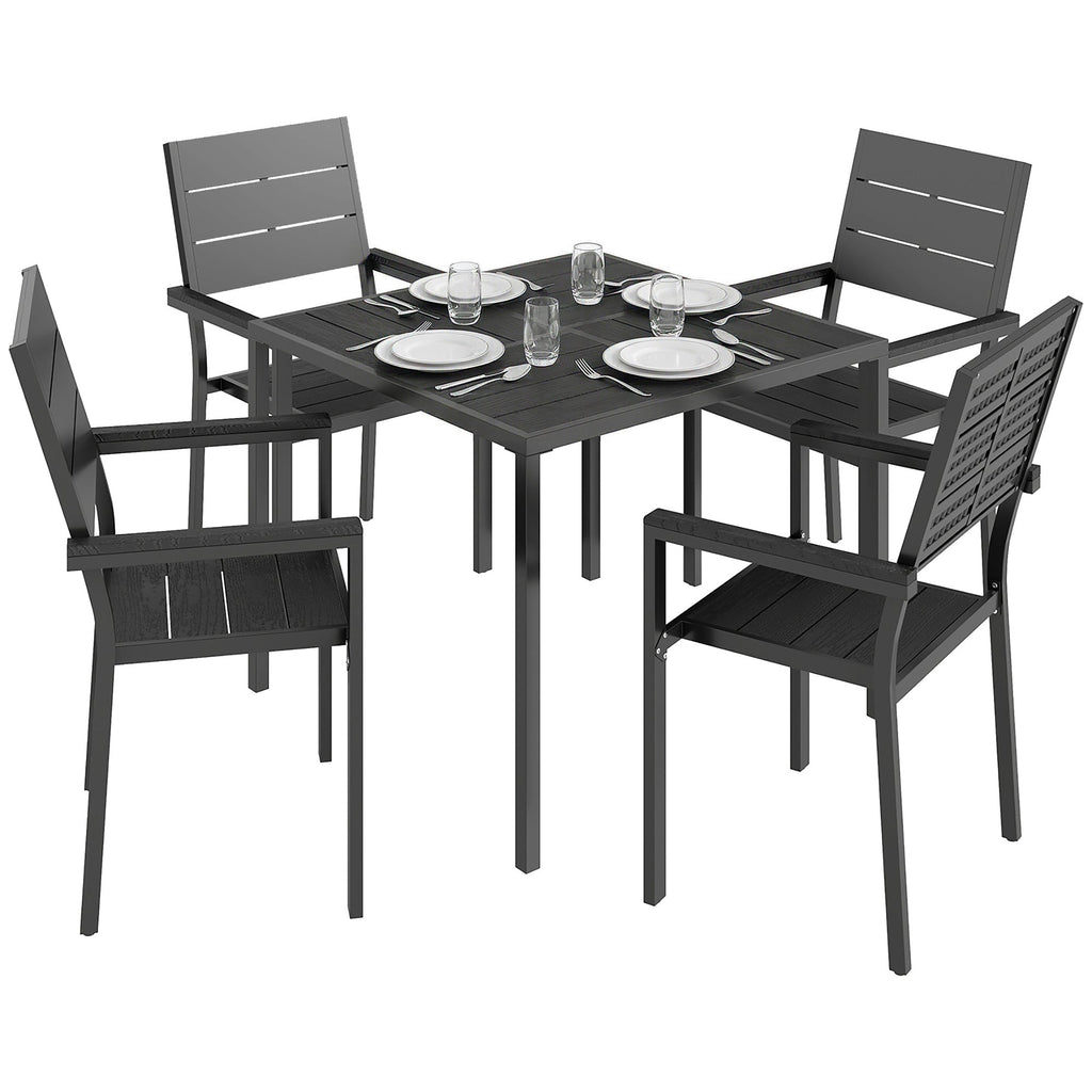 5-Piece Garden Dining Set, Square HDPE Table and Armrest Chairs for 4, Black