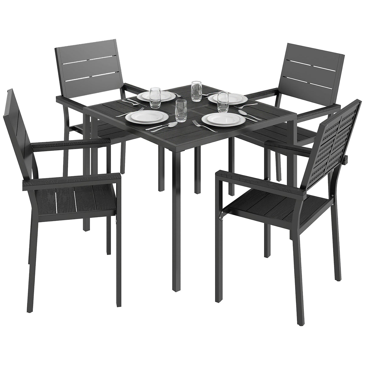 5-Piece Garden Dining Set, Square HDPE Table and Armrest Chairs for 4, Black