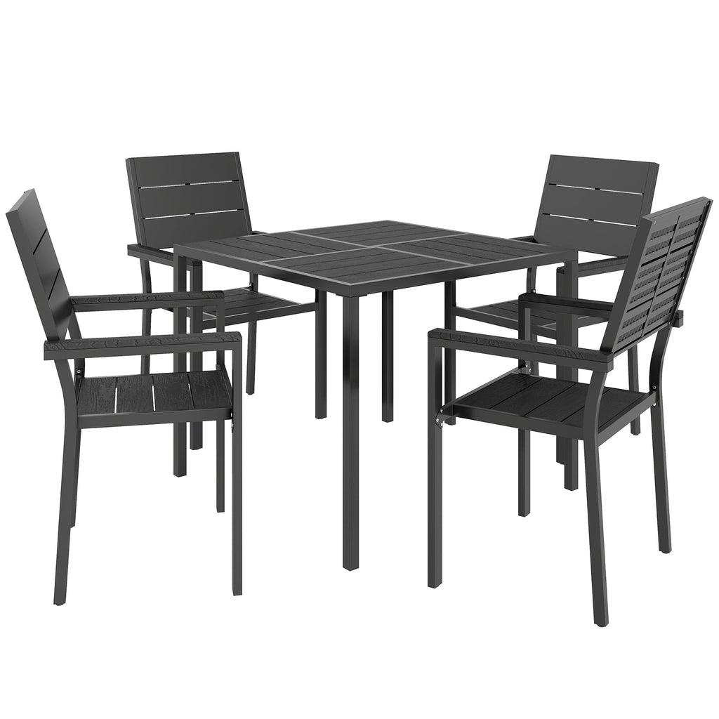 5-Piece Garden Dining Set, Square HDPE Table and Armrest Chairs for 4, Black