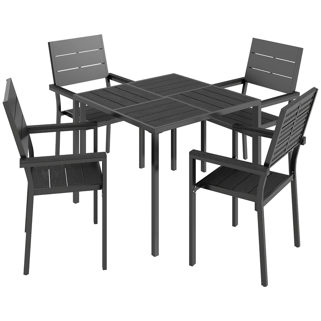 5-Piece Garden Dining Set, Square HDPE Table and Armrest Chairs for 4, Black