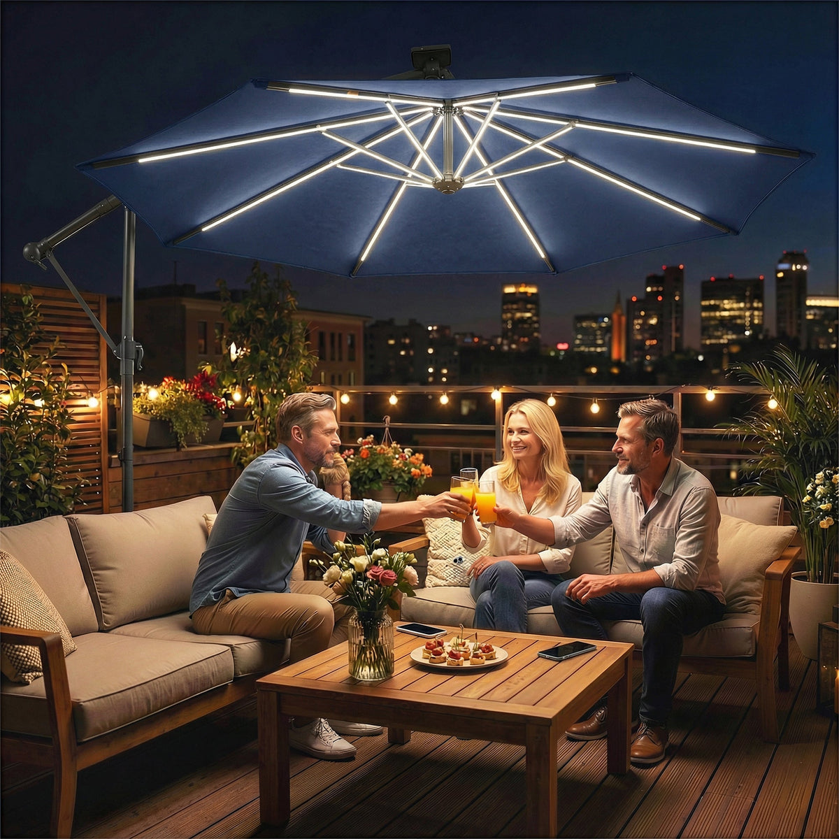 3 m Cantilever Parasol with Solar LED Light, Cover & 360° Rotation, Navy Blue
