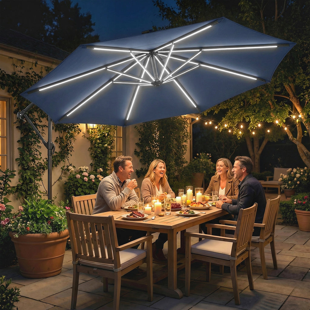 3 m Cantilever Parasol with Solar LED Light, Cover & 360° Rotation, Navy Blue