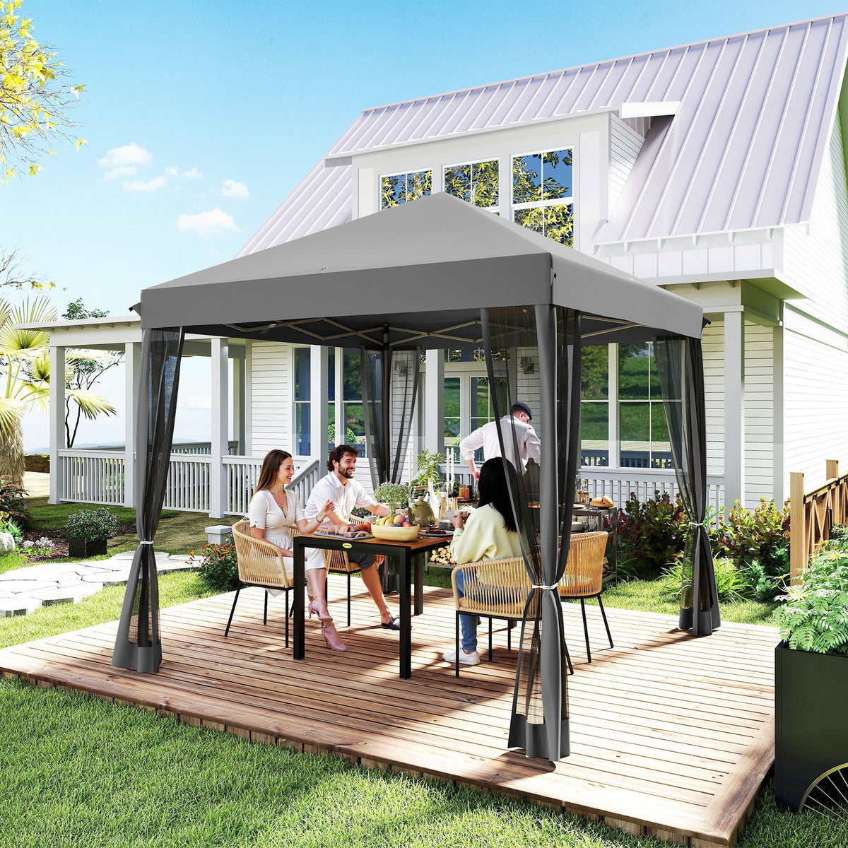 10' x 10' Pop Up Canopy Tent with Mesh Sidewalls and Carry Bag, Light Grey