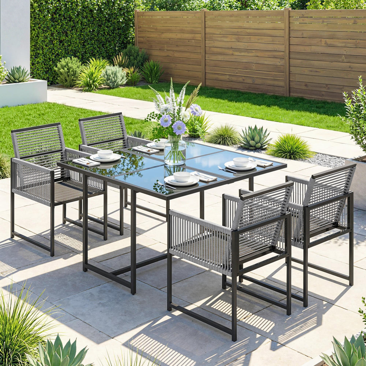 5-Piece Light Grey Outdoor Dining Set with Tempered Glass Top, Foldable Chairs