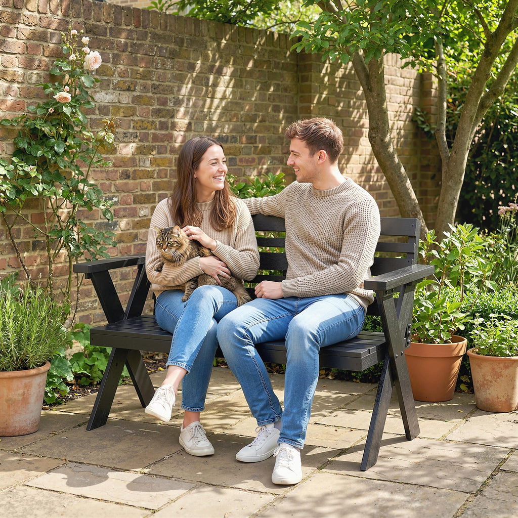 2 Seater Wooden Garden Bench with X-Frame Legs, Black