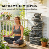 6-Tier Resin Rock Garden Fountain with Cascading Waterfall and LED Lights, Grey