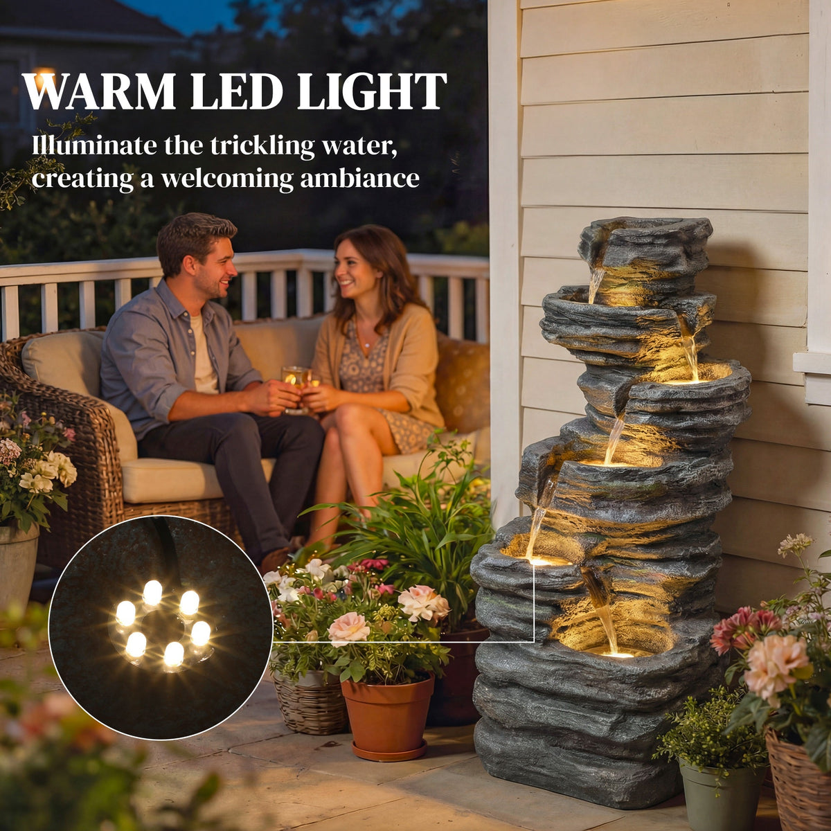 6-Tier Resin Rock Garden Fountain with Cascading Waterfall and LED Lights, Grey