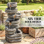 6-Tier Resin Rock Garden Fountain with Cascading Waterfall and LED Lights, Grey