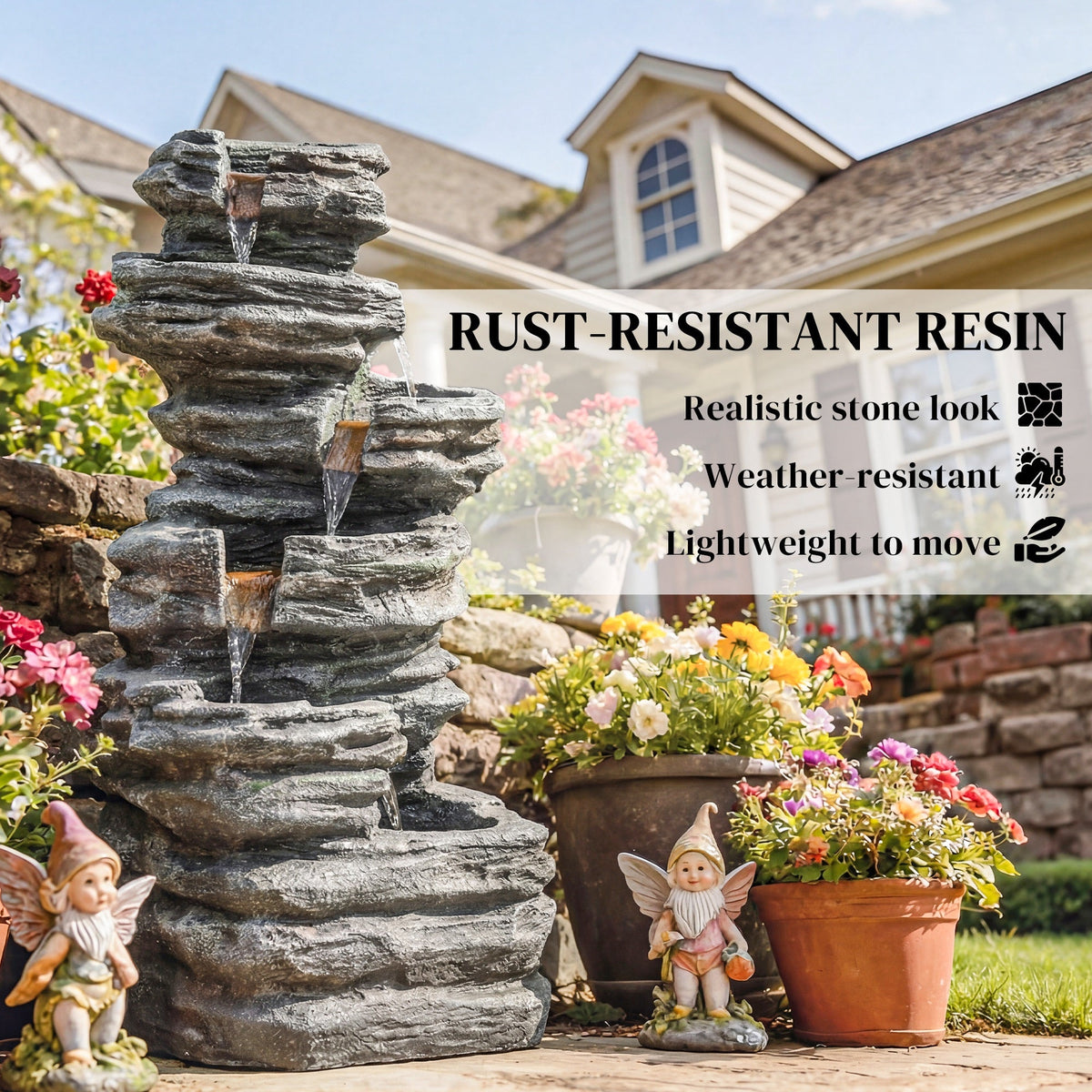 6-Tier Resin Rock Garden Fountain with Cascading Waterfall and LED Lights, Grey
