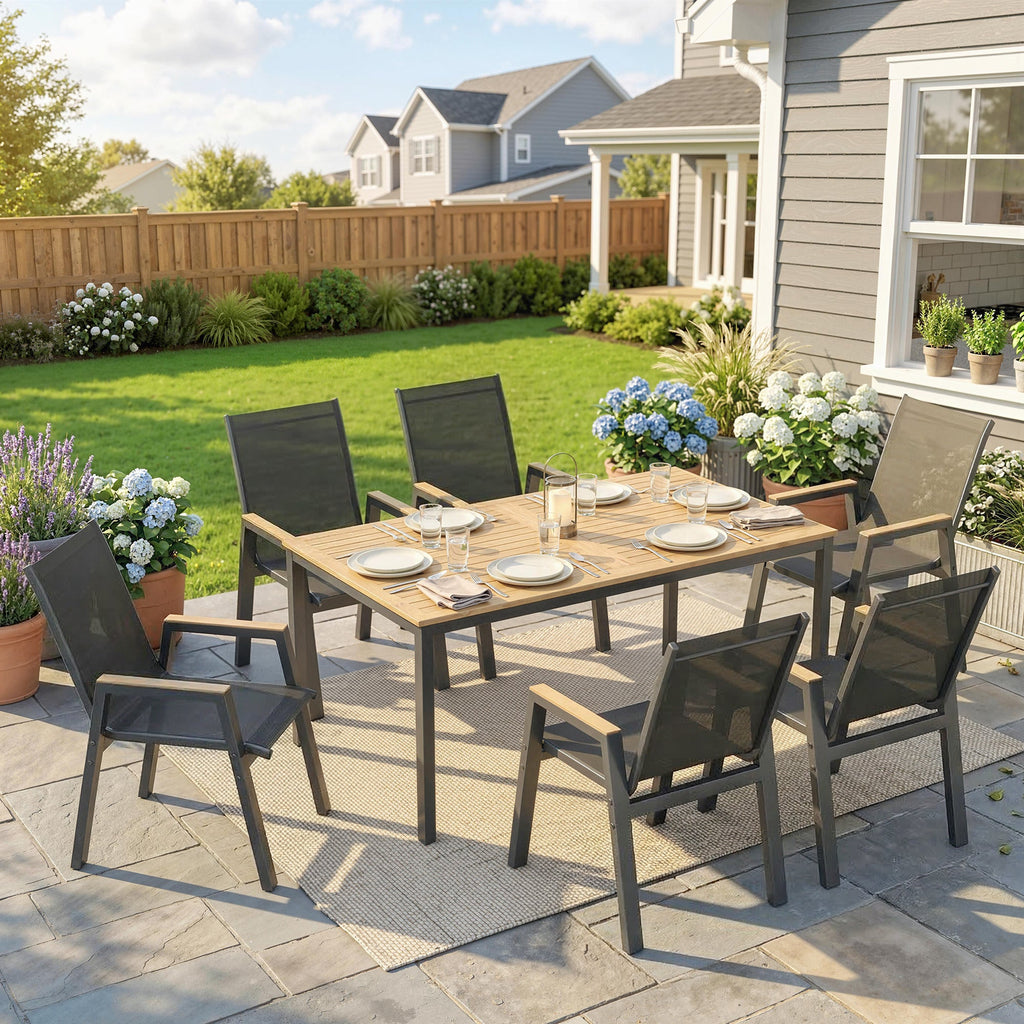 7-Piece Outdoor Dining Set with Slatted Rectangle Table and 6 Mesh Chairs, Black
