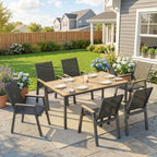 7-Piece Outdoor Dining Set with Slatted Rectangle Table and 6 Mesh Chairs, Black