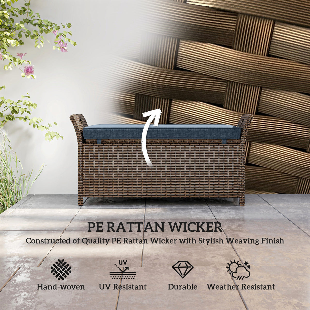 2-in-1 Patio Wicker Storage Bench, 29 Gallon with Cushion, Navy Blue