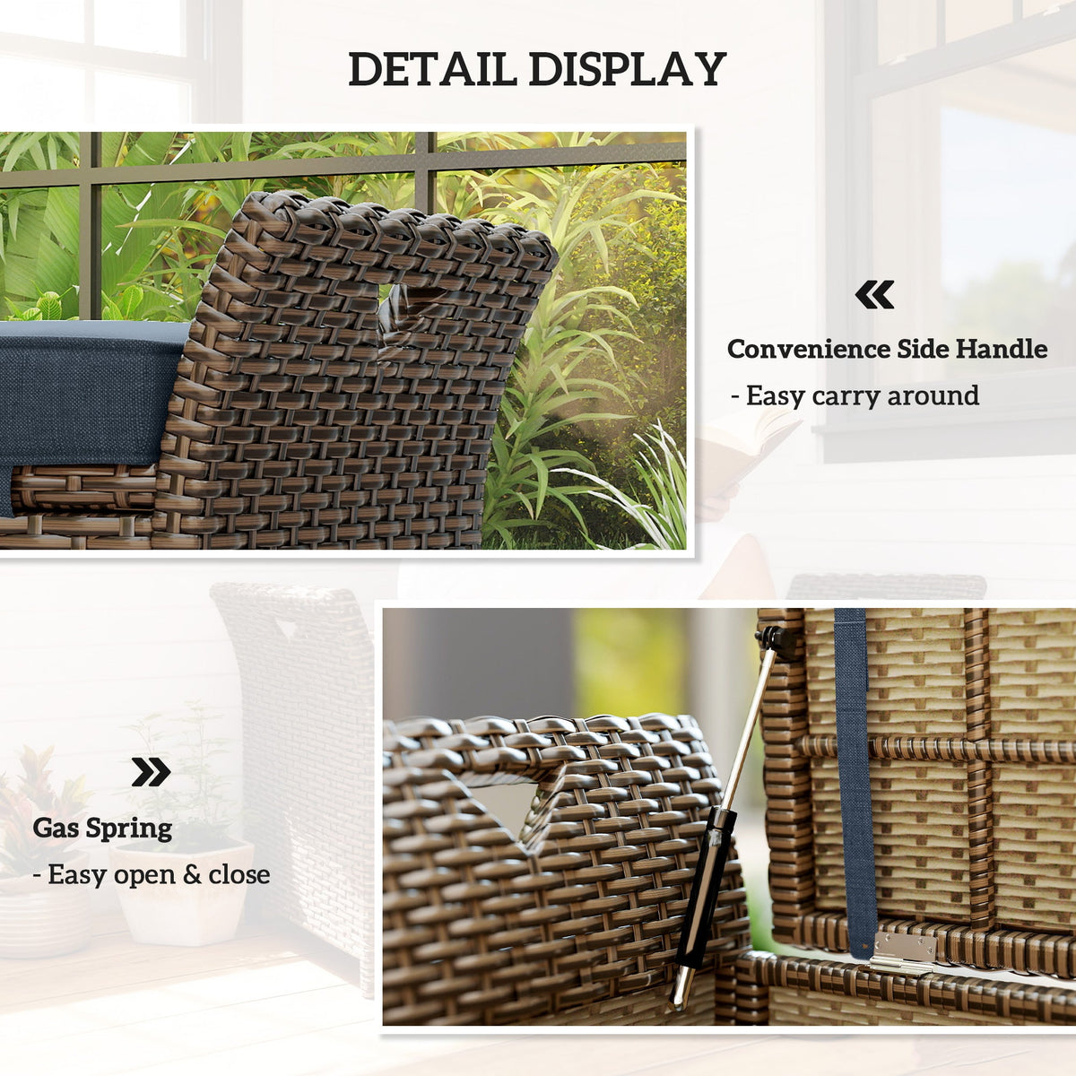 2-in-1 Patio Wicker Storage Bench, 29 Gallon with Cushion, Navy Blue