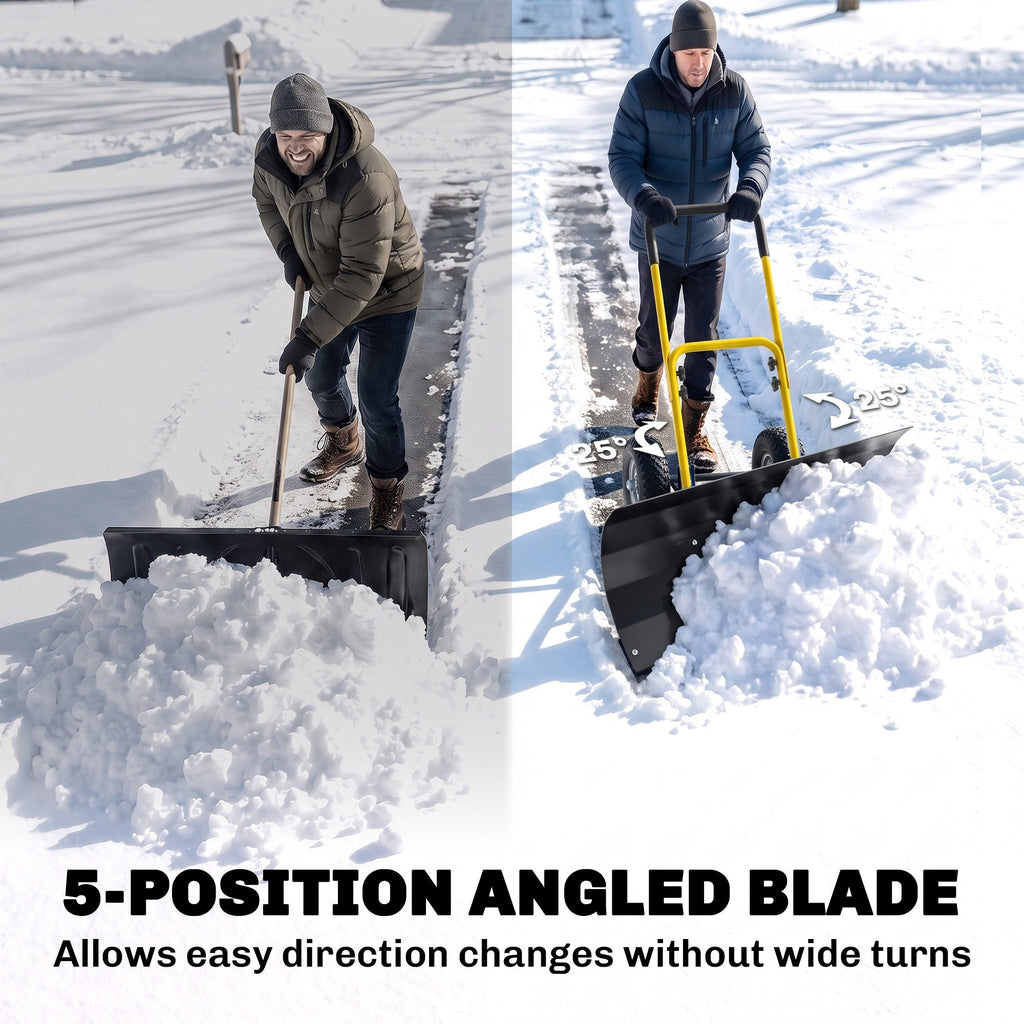 Heavy Duty Metal Snow Pusher with Wheels, 5-level Handle, 29in x 16.5in, Yellow